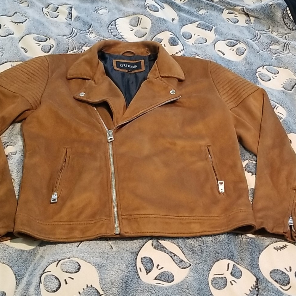 Guess Mens Brown Faux Suede Moto Biker Jacket